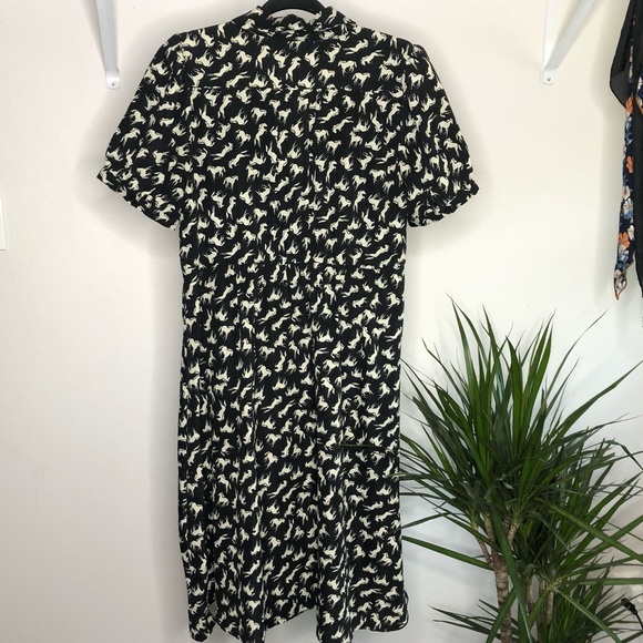 Printed Button Down Collared Midi Dress - Black - Picture 2 of 3